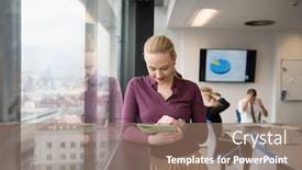  Presentation with casual young people - Beautiful slide deck featuring blonde businesswoman in casual clothes working on tablet computer at modern startup business office interior young people group on team meeting blured in background backdrop and a coral colored foreground