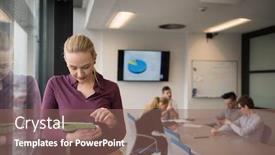  Presentation with casual young people - Presentation theme having blonde businesswoman in casual clothes working on tablet computer at modern startup business office interior young people group on team meeting blured in background background and a violet colored foreground