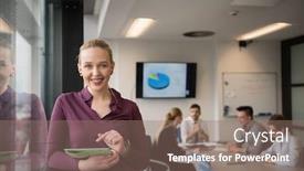  Presentation with casual young people - Audience pleasing PPT theme consisting of blonde businesswoman in casual clothes working on tablet computer at modern startup business office interior young people group on team meeting blured in background backdrop and a coral colored foreground