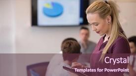  Presentation with casual young people - PPT layouts consisting of blonde businesswoman in casual clothes working on tablet computer at modern startup business office interior young people group on team meeting blured in background background and a tawny brown colored foreground