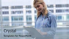  Presentation with amsterdam historical beautiful view - Colorful slide set enhanced with blonde caucasian female doctor writing backdrop and a light blue colored foreground