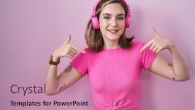  Presentation with listening woman - Presentation theme having blonde-caucasian-woman-listening background and a coral colored foreground