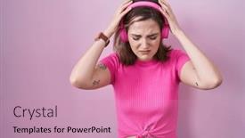  Presentation with headache - PPT theme with blonde-caucasian-woman-listening background and a  colored foreground