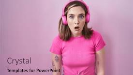  Presentation with music headphones - Slide deck enhanced with blonde-caucasian-woman-listening background and a  colored foreground