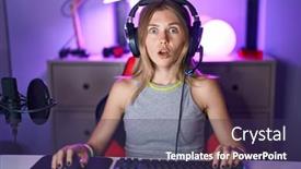  Presentation with video opening - Slide set enhanced with blonde-caucasian-woman-playing-video background and a violet colored foreground