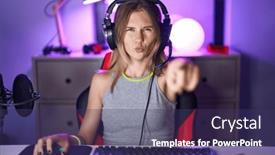  Presentation with video games playing - PPT layouts featuring blonde-caucasian-woman-playing-video background and a  colored foreground