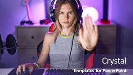  Presentation with defense - Slide deck having blonde-caucasian-woman-playing-video background and a  colored foreground