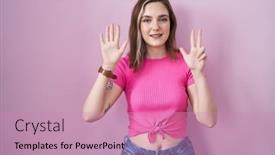  Presentation with eight - Presentation theme consisting of blonde-caucasian-woman-standing-over background and a coral colored foreground