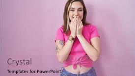  Presentation with scandal - PPT theme having blonde-caucasian-woman-standing-over background and a coral colored foreground