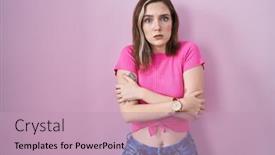  Presentation with woman praying over bible - Slide deck having blonde-caucasian-woman-standing-over background and a coral colored foreground