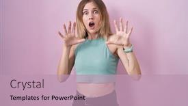  Presentation with panic - PPT theme consisting of blonde-caucasian-woman-standing-over background and a coral colored foreground