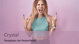  Presentation with rock music - PPT theme with blonde-caucasian-woman-standing-over background and a coral colored foreground