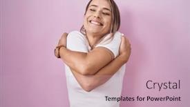  Presentation with self love - PPT layouts having blonde-caucasian-woman-standing-over background and a soft green colored foreground