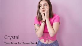  Presentation with sadness - Slides having blonde-caucasian-woman-standing-over background and a coral colored foreground