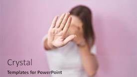  Presentation with sad woman - PPT theme having blonde-caucasian-woman-standing-over background and a lemonade colored foreground