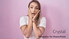  Presentation with sadness - Slides enhanced with blonde-caucasian-woman-standing-over background and a soft green colored foreground