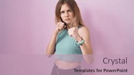  Presentation with violence - PPT theme having blonde-caucasian-woman-standing-over background and a coral colored foreground