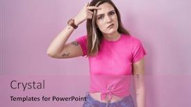  Presentation with acne woman - Slide deck having blonde-caucasian-woman-standing-over background and a coral colored foreground