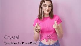  Presentation with business pink - PPT layouts featuring blonde-caucasian-woman-standing-over background and a coral colored foreground