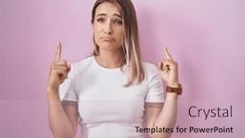  Presentation with direction - Presentation with blonde-caucasian-woman-standing-over background and a soft green colored foreground