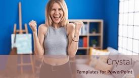  Presentation with victory - Presentation theme enhanced with blonde-caucasian-woman-standing background and a coral colored foreground