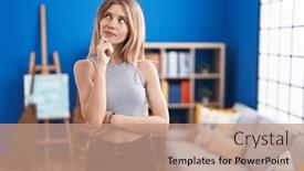  Presentation with living room - PPT theme featuring blonde-caucasian-woman-standing and a coral colored foreground