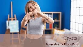  Presentation with heart love - Presentation design consisting of blonde-caucasian-woman-standing background and a coral colored foreground
