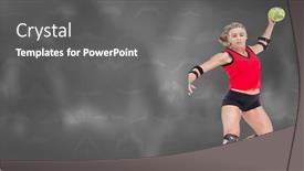  Presentation with softball sports - PPT theme enhanced with blonde-caucasian-woman-throwing background and a gray colored foreground