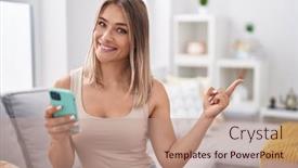  Presentation with smartphone - Theme enhanced with blonde-caucasian-woman-using-smartphone background and a coral colored foreground