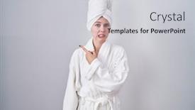  Presentation with forefinger - Presentation theme having blonde-caucasian-woman-wearing-bathrobe background and a light gray colored foreground