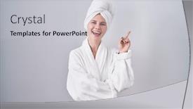  Presentation with finger - Presentation theme with blonde-caucasian-woman-wearing-bathrobe background and a  colored foreground