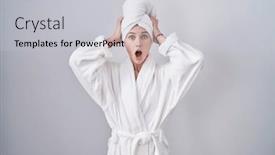  Presentation with woman hands open - Slides with blonde-caucasian-woman-wearing-bathrobe background and a light gray colored foreground