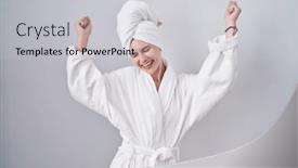  Presentation with listening woman - Presentation theme enhanced with blonde-caucasian-woman-wearing-bathrobe background and a light gray colored foreground
