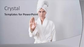  Presentation with hand palm - Slide deck with blonde-caucasian-woman-wearing-bathrobe background and a light gray colored foreground