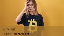  Presentation with bitcoin - PPT theme having blonde-caucasian-woman-wearing-bitcoin background and a gold colored foreground