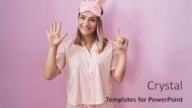  Presentation with pajama - Presentation theme with blonde-caucasian-woman-wearing-sleep background and a coral colored foreground