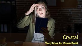  Presentation with far away - Presentation theme having blonde-caucasian-woman-working background and a wine colored foreground