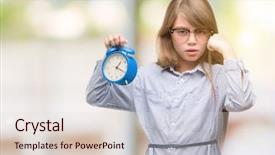  Presentation with alarm - Beautiful PPT theme featuring blonde child holding alarm clock backdrop and a lemonade colored foreground