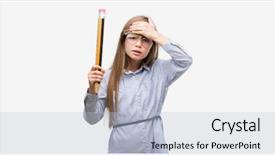  Presentation with hand holding pencil - Cool new PPT layouts with blonde child holding big pencil backdrop and a light blue colored foreground