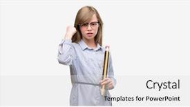  Presentation with hand holding pencil - Slide deck enhanced with blonde child holding big pencil background and a  colored foreground