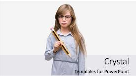  Presentation with young - Slide set consisting of blonde child holding big pencil background and a light gray colored foreground