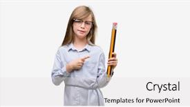 Presentation with hand holding pencil - Beautiful slide deck featuring blonde child holding big pencil backdrop and a white colored foreground