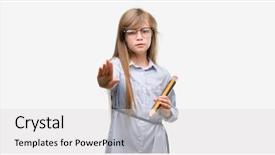  Presentation with hand holding pencil - Slide deck having blonde child holding big pencil background and a  colored foreground