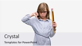  Presentation with angry child - Audience pleasing PPT theme consisting of blonde child holding big pencil backdrop and a light blue colored foreground