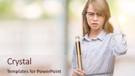  Presentation with hand holding pencil - Cool new presentation theme with blonde child holding big pencil backdrop and a  colored foreground