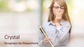  Presentation with hand holding pencil - PPT theme enhanced with blonde child holding big pencil background and a lemonade colored foreground