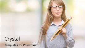  Presentation with teeth - PPT theme featuring blonde child holding big pencil background and a  colored foreground