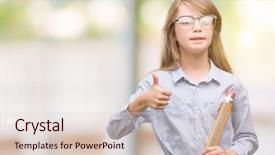  Presentation with fingers - Slides enhanced with blonde child holding big pencil background and a  colored foreground