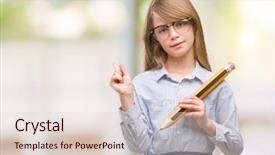  Presentation with hand holding pencil - PPT theme consisting of blonde child holding big pencil background and a lemonade colored foreground