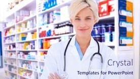  Presentation with drugs - Beautiful presentation theme featuring blonde doctor smiling at camera against close up of shelves of drugs backdrop and a sky blue colored foreground